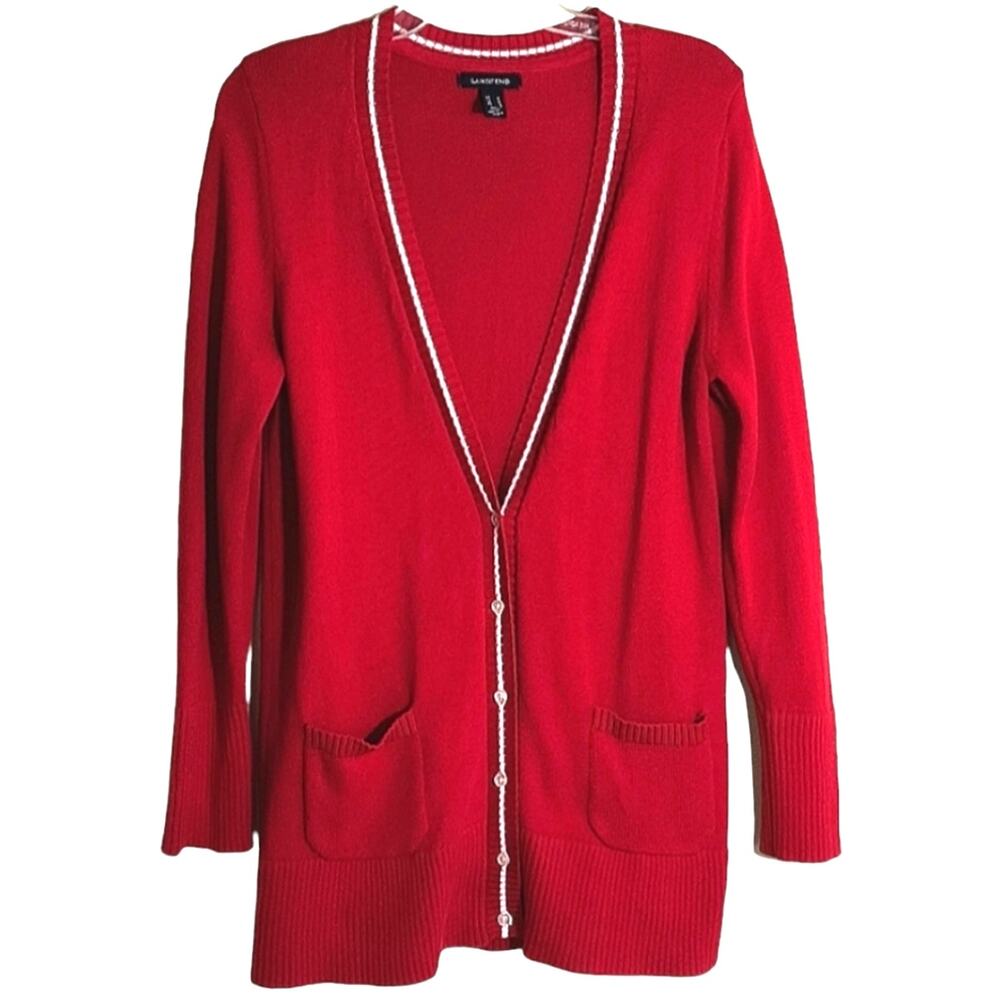 Lands' End Cardigan Women's Size M Red V Neck Long Sleeve Button Up Knit Sweater